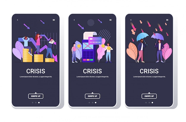 Ustawić Biznesmenów Sfrustrowanych Kryzysem Finansowym Odrzuconych Transakcji Płatności Koncepcje Ochrony Biznesu Kolekcja Pełnej Długości Ekrany Telefonów Aplikacja Mobilna Pozioma