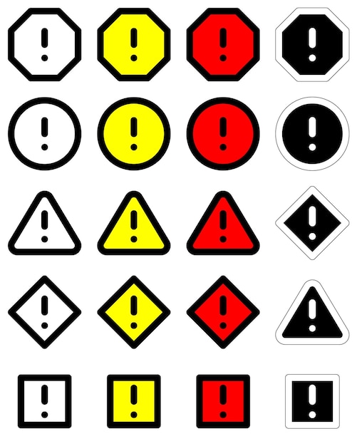 Plik wektorowy ustawić ostrzeżenie o niebezpieczeństwie ostrożność znaki wykrzykowe symbole drogowe ikony zarysowane czarne żółte czerwone kształty