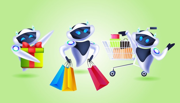 Ustawić Roboty Trzymające Torby Na Zakupy I Prezenty Oferta Specjalna Zakupy Sprzedaż Koncepcja Sztucznej Inteligencji Pozioma Ilustracja Wektorowa
