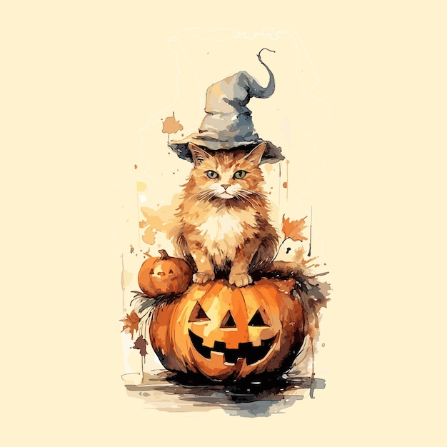 Ustawienie Kota Wektorowego Na Ilustracji Halloween Dyni