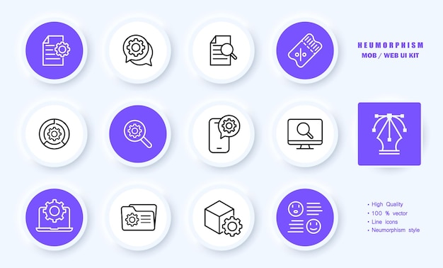 Ustawienie zestaw ikona Plik tekstowy wyszukiwanie mowy Bańka biegów zniżka infografika Rozwój aplikacji monitor lupa Styl neomorfizmu Wektor linii ikona dla biznesu i reklamy