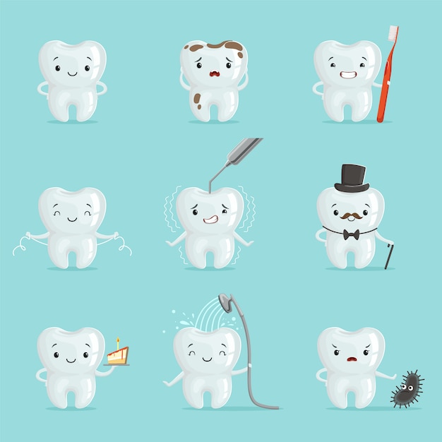 Ustawiono Białe Zęby Z Różnymi Emocjami. Szczegółowe Ilustracje Kreskówek