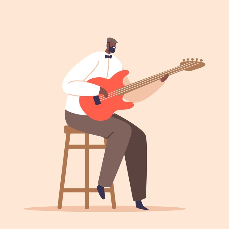 Wektor utalentowany czarny muzyk wykonujący uduchowioną muzykę jazzową na gitarze, urzekający publiczność ilustracji wektorowych