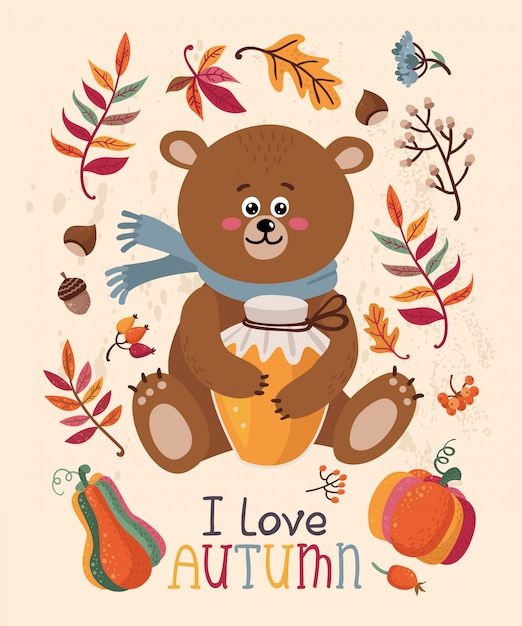 Plik wektorowy uwielbiam jesienną kartkę z niedźwiedziem i liśćmi