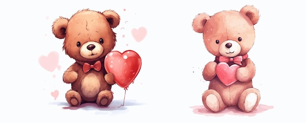 Uwielbiane pluszowe niedźwiedzie wyrażające miłość Ilustracja wektorowa jednego niedźwiedzia trzymającego czerwony balon z sercem, a drugiego trzymającego różowe serce, idealna na Walentynki lub każdą okazję miłosną