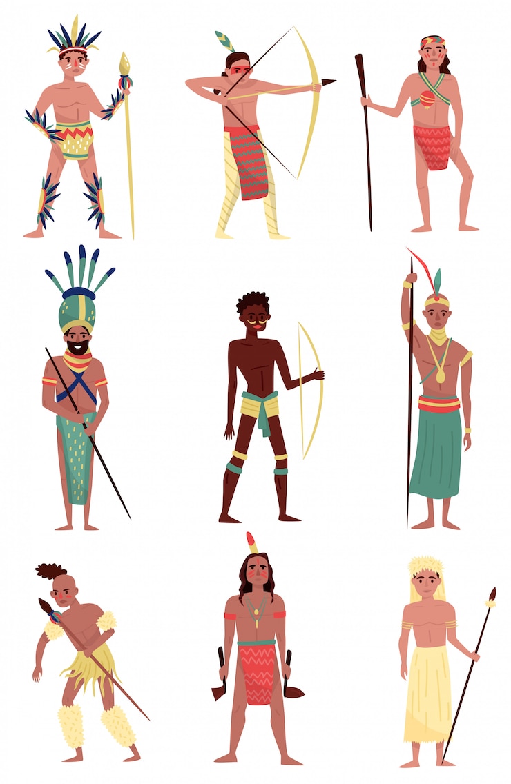 Wektor uzbrojony rdzennych mieszkańców, indian amerykańskich, afrykańskiego członka plemienia, australijskich aborygenów znaków ilustracje na białym tle