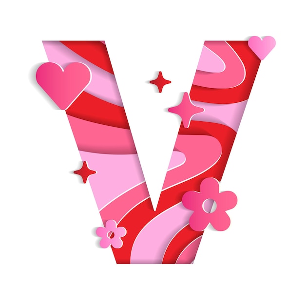 V Alfabet Walentynki Miłość Znak Czcionka List Papier Kwiat Serce 3d Warstwy Papieru Wycinanka