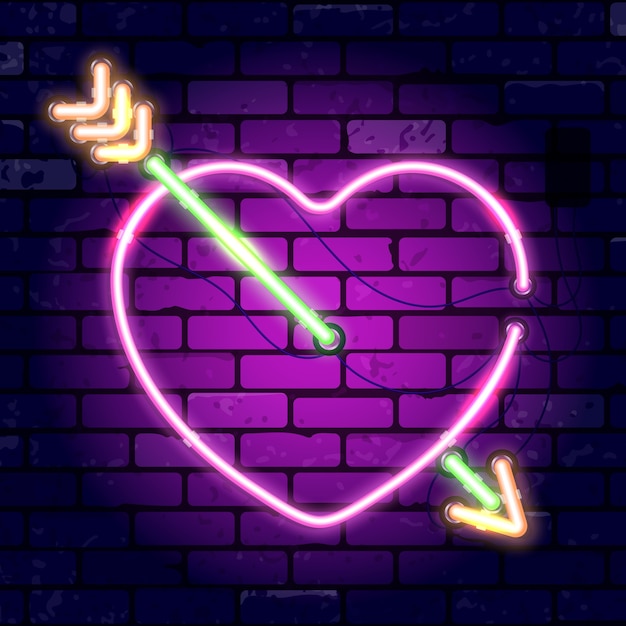 Valentines Day Neon Szyld Z Sercem I Strzałką. Jasny Nocny Szyld Znak ściany Z Cegły. Ilustracja Z Realistyczną Ikoną Neon