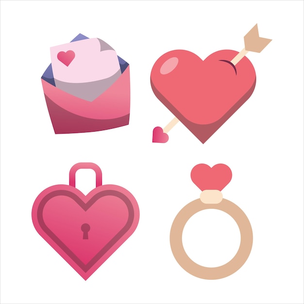 Valentines Icon Set Love Letter Heart Lock Pierścienie ślubne