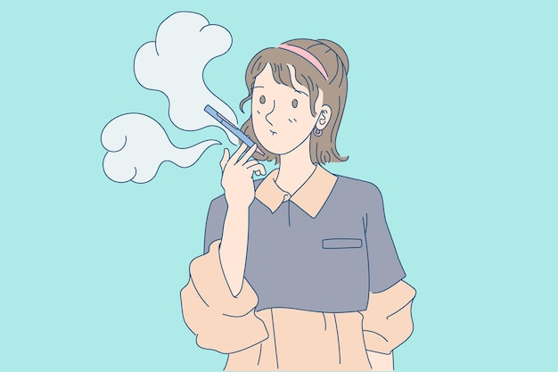 Vape Dziewczyna Stylu Cartoon Trzymając Papierosa Elektrycznego Pary Z Działaniami Płaskiej Ilustracji Wektorowych