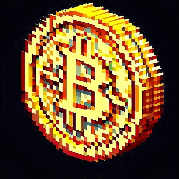 Vector Art Pixel Cartoon Bitcoin Logo Kryptowaluta Btc Lub Bitcoin Złota Moneta Z Ciemnym Tłem