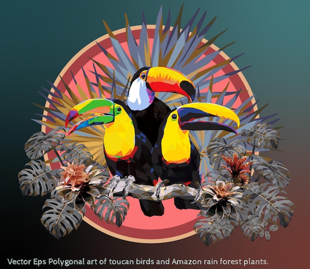 Vector Eps Wielokątna sztuka ptaków Tukan i roślin lasów deszczowych Amazonii