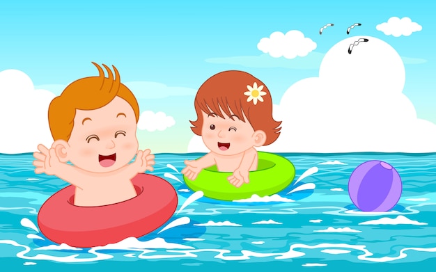 Vector illustration cute cartoon charakter chłopiec i dziewczynka pływanie w morzu z pierścieniem pływackim czerwony i zielony