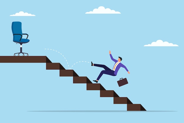 Vector illustration of a businessman falling down the stairs just before reaching the chair