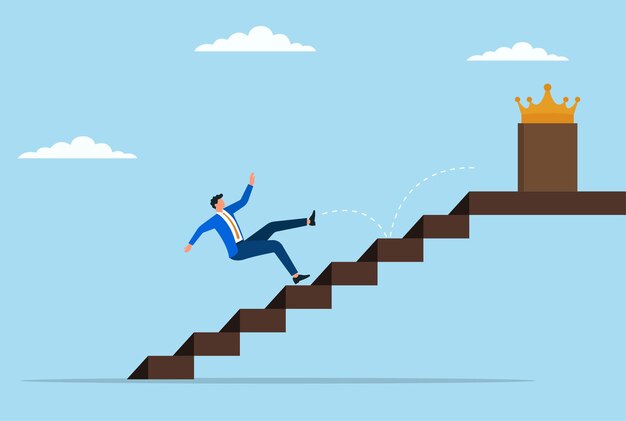 Vector illustration of a businessman falling down the stairs just before reaching the crown
