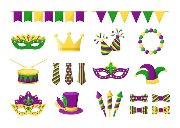 Vector Mardi Gras kolekcja elementów kreskówek Pojedyncze elementy karnawału w Nowym Orleanie