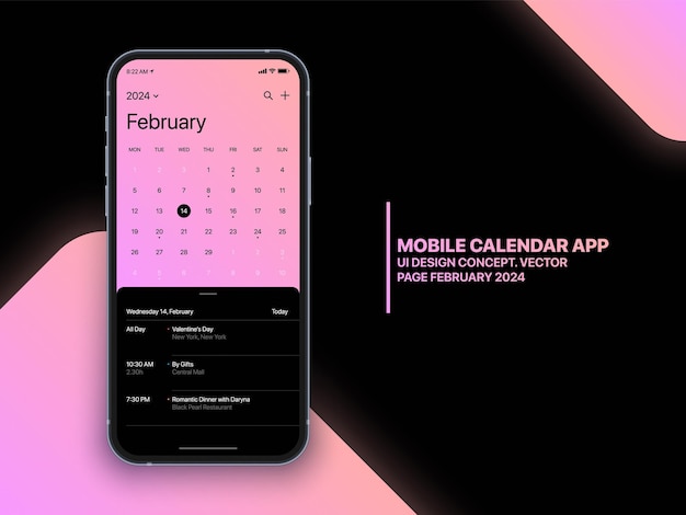 Vector Mobile Calendar App February 2024 Strona z listą rzeczy do zrobienia i zadaniami UI Koncepcja projektowania UX na izolowanym zdjęciu Realistyczny ekran smartfona Mockup Smartphone Business Planner Aplikacja szablon
