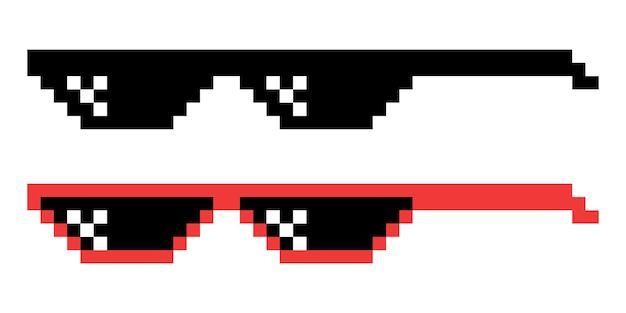 Vector Pixel Boss Glasses Icon Set in 8 bit Retro Style Summer Meme Game Thug Design Mafia Gangster Funky Sunglasses Rap Music Design Element