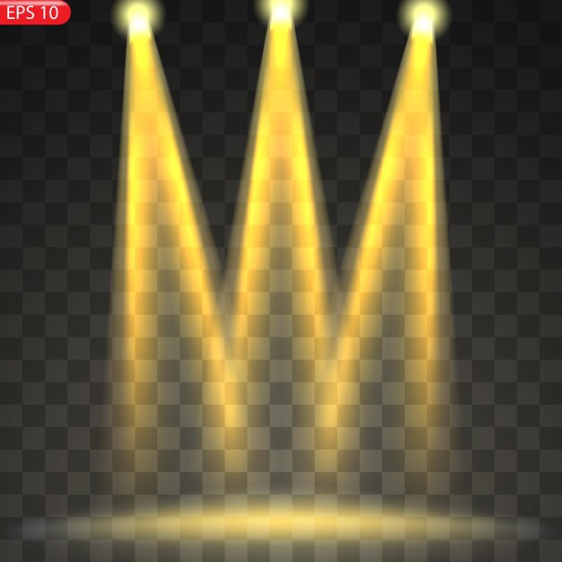 Vector spotlights with bright gold light designed for studio illumination