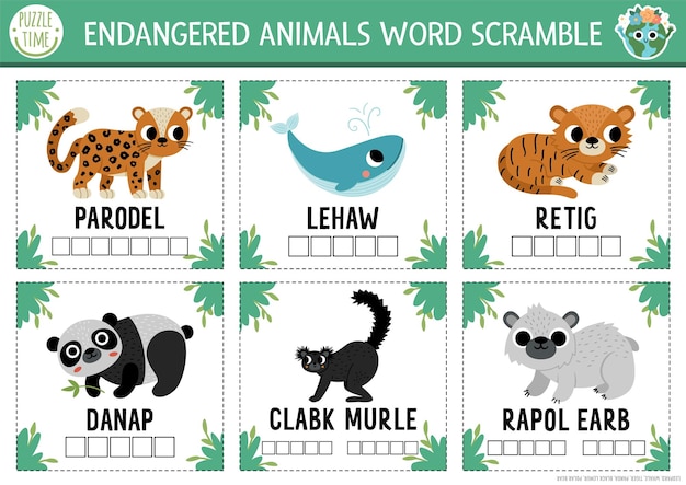 Vector Wyginęłe Zwierzęta Słowna Strona Aktywności Angielska Gra Językowa Z Wielorybem Leopardem Pandą Dla Dzieci Ekologiczna świadomość Quiz Flash Karty Edukacyjne Drukowalne Arkusze Pracyetxa