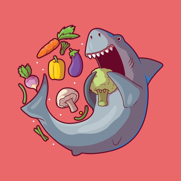 Veggie Shark Jedzenie Warzyw Ilustracji Wektorowych Koncepcja Projektowania żywienia Zwierząt żywieniowych