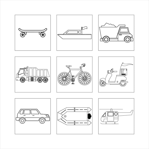 Vehicles set skateboard boat dump truck truck bicycle scooter car inflatable boat