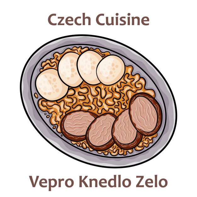 Vepro Knedlo Zelo Jest to pieczona wieprzowina podawana z knedlami i kiszoną kapustą Po podaniu na talerzu jest skropiona sokiem do pieczenia Czeskie jedzenie Wektorowy obraz izolowany