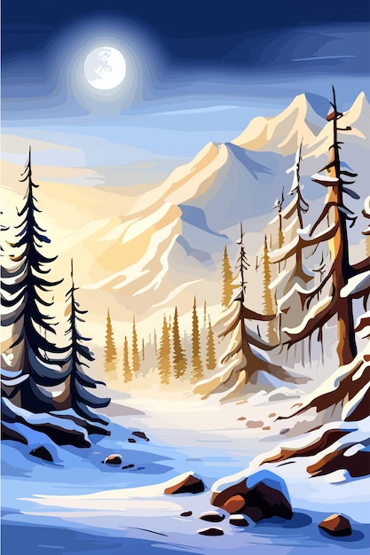Vertical Piękny Widok Gór I Drzew Pokrytych śniegiem Wektor Ilustracji Wektor