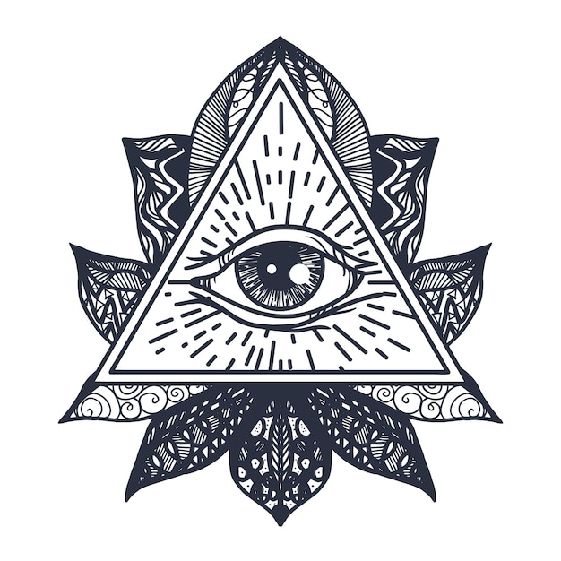 Vintage All Seeing Eye W Mandala Lotus. Magiczny Symbol Providence Do Druku, Tatuażu, Kolorowanki, Tkaniny, T-shirtu, Tkaniny W Stylu Boho. Astrologia, Okultystyczny, Ezoteryczny Znak Wglądu Z Okiem. Wektor