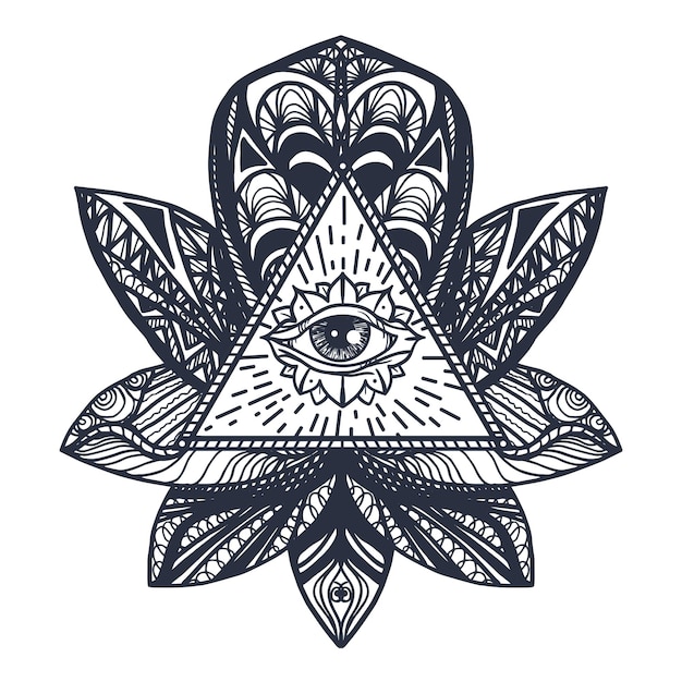 Vintage All Seeing Eye W Mandala Lotus. Magiczny Symbol Providence Do Druku, Tatuażu, Kolorowanki, Tkaniny, T-shirtu, Tkaniny W Stylu Boho. Astrologia, Okultystyczny, Ezoteryczny Znak Wglądu Z Okiem. Wektor