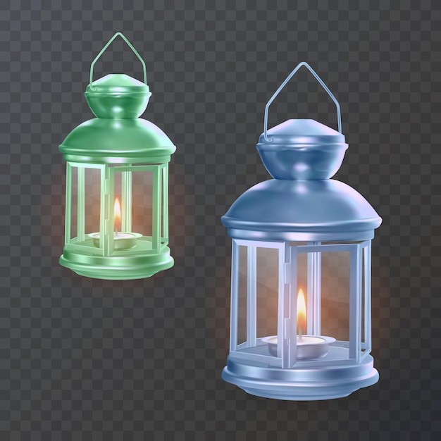 Vintage Arabskie Lampiony Ze świecącymi świecami Wektor Realistyczny Zestaw Wiszących Lamp świetlnych Islamskich