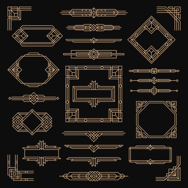 Vintage Art Deco Ramki Sztuka Element Geometryczny Pomysłowa Ramka Granica Projekt Graficzny Ozdobne Przekładki Złote Antyczne Narożniki Schludny Zestaw Wektorowy