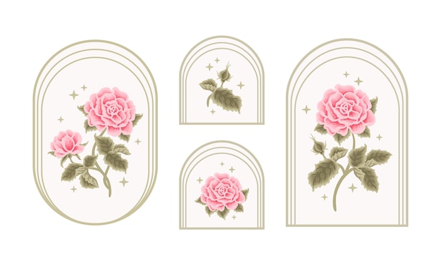 Vintage Botaniczny Element Kwiatu Piwonii I Gałęzi Liścia Dla Kobiecego Logo I Zestawu Etykiet Marki Urody