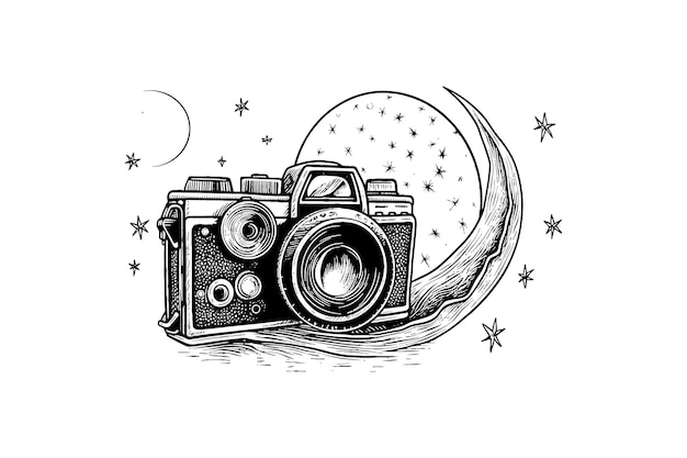 Plik wektorowy vintage camera i księżyc minimalne vector logo projektowanie tshirt sublimacji ilustracja