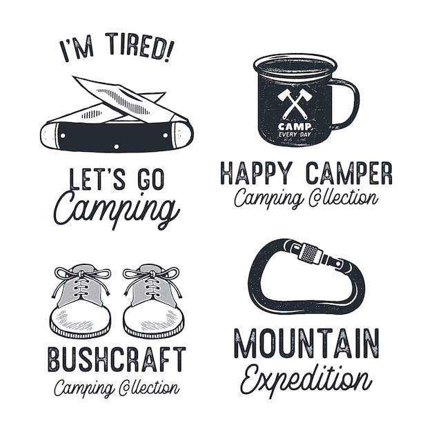 Plik wektorowy vintage camping sylwetka odznaki z cytatami wyprawa górska podróż monochromatyczne emblematy piesze wycieczki logo wzory zestaw grafiki wektorowej stock