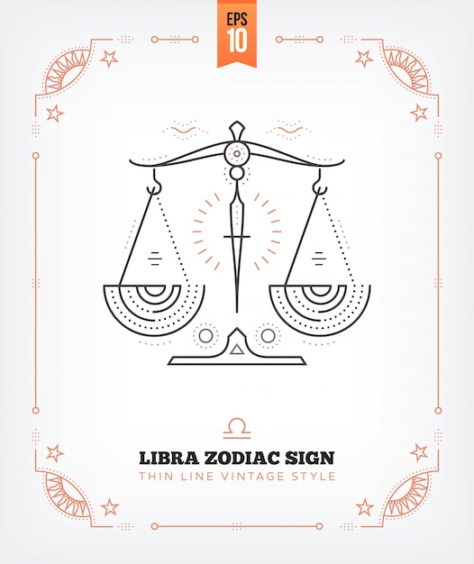 Vintage Cienka Linia Znak Zodiaku Libra. Retro Symbol Astrologiczny, Mistyczny, Element świętej Geometrii, Godło, Logo. Ilustracja Kontur Obrysu. Na Białym Tle