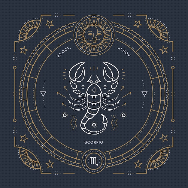 Vintage cienka linia znak zodiaku Skorpion. Retro symbol astrologiczny, mistyczny, element świętej geometrii, godło, logo. Ilustracja kontur obrysu.