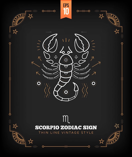 Vintage Cienka Linia Znak Zodiaku Skorpion. Retro Symbol Astrologiczny, Mistyczny, Element świętej Geometrii, Godło, Logo. Ilustracja Kontur Obrysu.