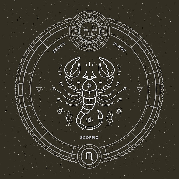 Vintage Cienka Linia Znak Zodiaku Skorpion. Retro Wektor Symbol Astrologiczny, Mistyczny, Element świętej Geometrii, Godło, Logo. Ilustracja Kontur Obrysu.