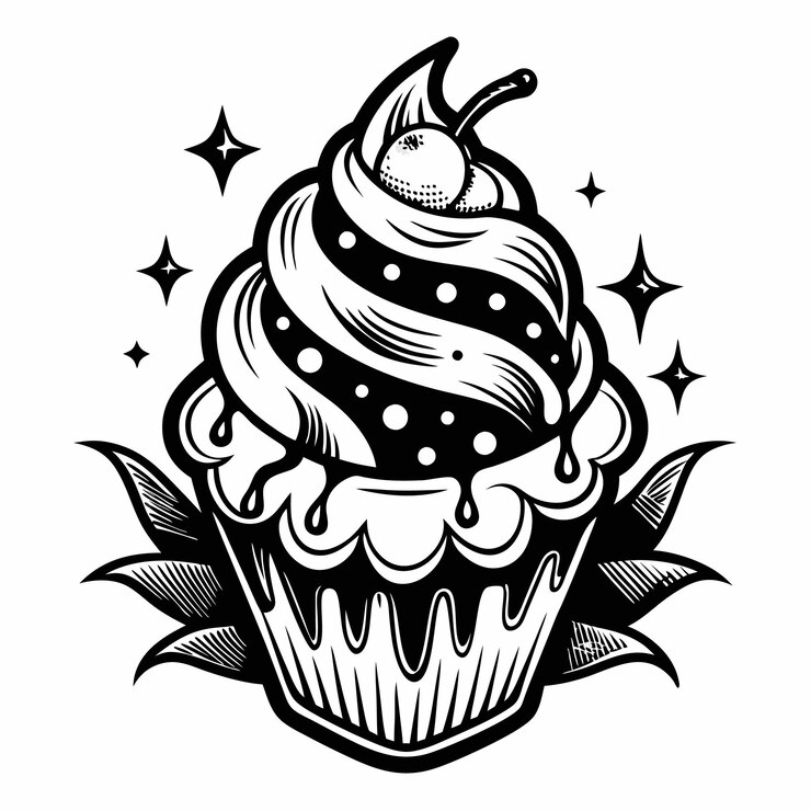 Vintage Cupcake Art Retro Czarno-biała ilustracja z wiśnią i gwiazdkami