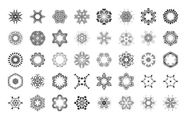 Vintage Dekoracyjne Płatki śniegu Ręcznie Rysowane Tłazestaw Okrągłych Ramek Zestaw Okrągłych Ozdób Wektor Geometryczny Okrągły Zestaw Ornament