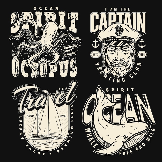 Vintage emblematy morskie ze statkiem wielorybów i ośmiornic oraz kapitanem morskim w monochromatycznym emblemacie na koszulki