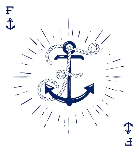 Vintage etykieta z kotwicą i listem wykonanym z koszulki odzieżowej liny statku lub plakatu projekt logotyp Monogram z ilustracji wektorowych styl karty do gry