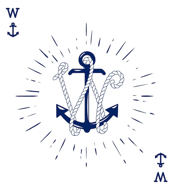 Vintage etykieta z kotwicą i listem wykonanym z koszulki odzieżowej liny statku lub plakatu projekt logotyp Monogram z ilustracji wektorowych styl karty do gry