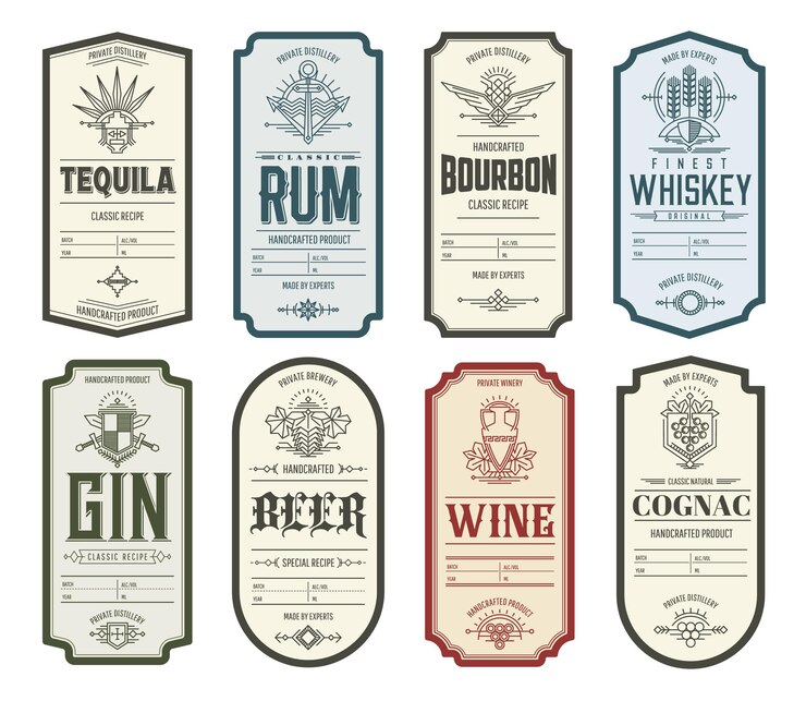 Wektor vintage etykiety alkoholowe tequila whisky rum gin