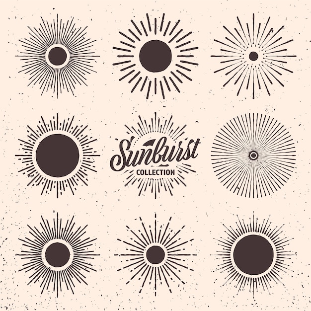 Plik wektorowy vintage grunge sunburst sunset beams ręcznie narysowane bursting sun light rays logo lub projekt litery