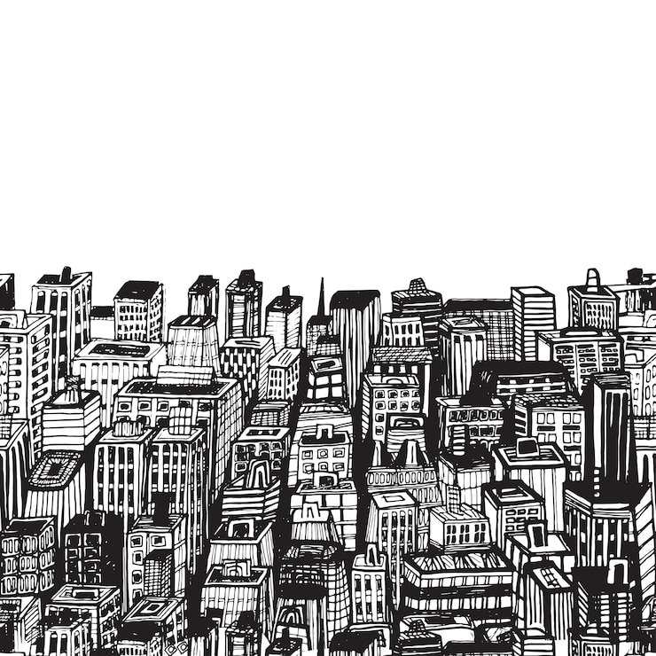 Wektor vintage ilustracji z ręcznie rysowane duże miasto nowy jork nyc, drapacze chmur, megapolis, budynki, centrum miasta.