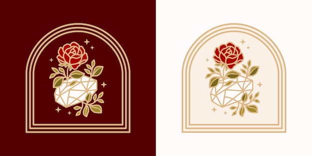 Vintage Magiczny Kryształowy Diament Botaniczny Kwiat Róży Logo I Element Kobiecego Piękna!
