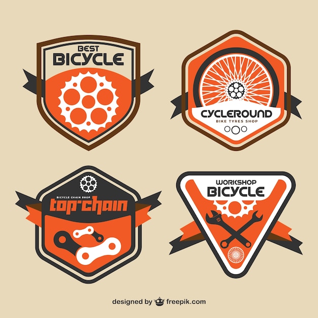 Plik wektorowy vintage odznaki rowerowe w płaskiej konstrukcji i kolorze pomarańczowym