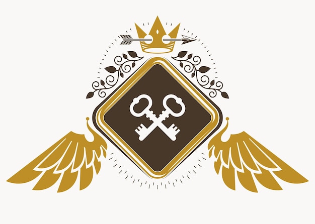 Plik wektorowy vintage ozdobny wektor heraldyczny emblemat złożony ze skrzydeł orła, kluczy bezpieczeństwa i korony monarchy